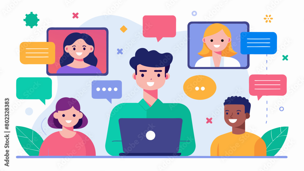Virtual chat rooms and forums specifically designed for nonverbal individuals to connect with others and practice their communication skills.. Vector illustration Virtual chat rooms and forums specifically designed for nonverbal individuals to connect with others and practice their communication skills.. Vector illustration
