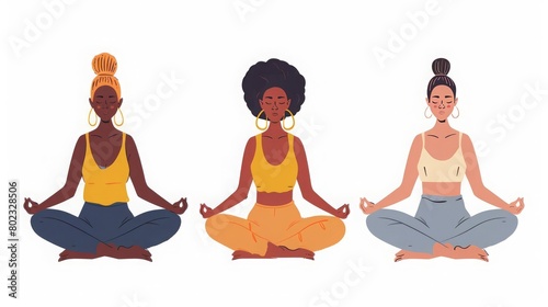 Set of tranquil women with closed eyes and croosed legs meditating in yoga lotus posture Meditation practice Concept of zen and harmony Colored flat vector illustration isolated on white background