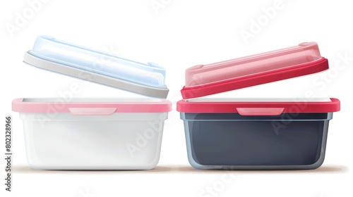 Set of plastic food containers with lids, different sizes and shapes, isolated on a gray background
