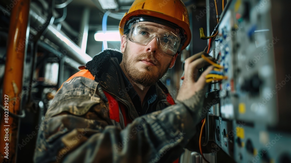 Male electrician working on fuse box in factory Male electrician working on fuse box in factory