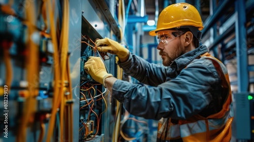 Male electrician working on fuse box in factory photo