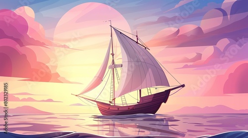 Towards the sunset  a majestic ship sails through calm waters under pastel skies  illustrating tranquility and adventure