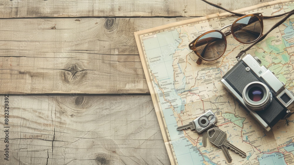Fototapeta premium A camera, sunglasses, keys, and a map lay on a hardwood table, showcasing a beautiful wood grain pattern. The rectangle table is made of sturdy planks with a rich wooden font AIG50