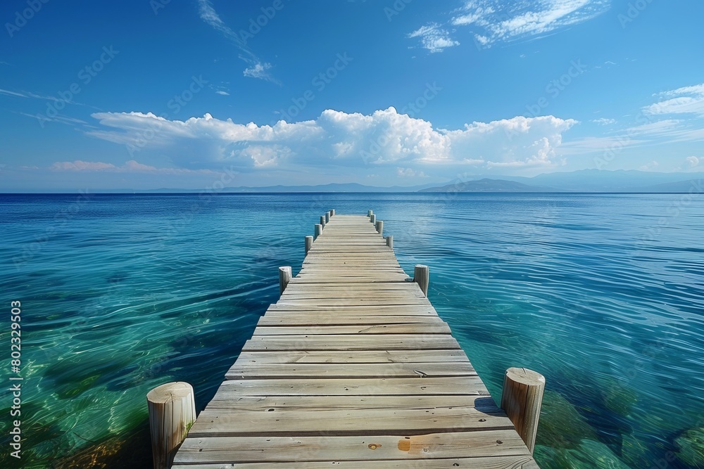 Fototapeta premium A serene wooden pier stretches into the crystal-clear blue sea under a vast sky, offering a path to peacefulness