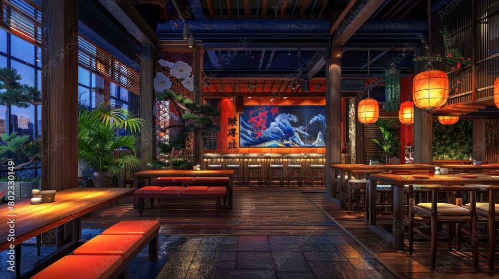 Vibrant D of a Colorful Japanese Restaurant Interior