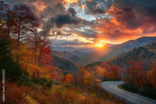 Autumn sunset at the Smoky Mountain national Park