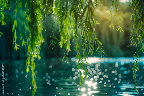 willow branches on the background of the river