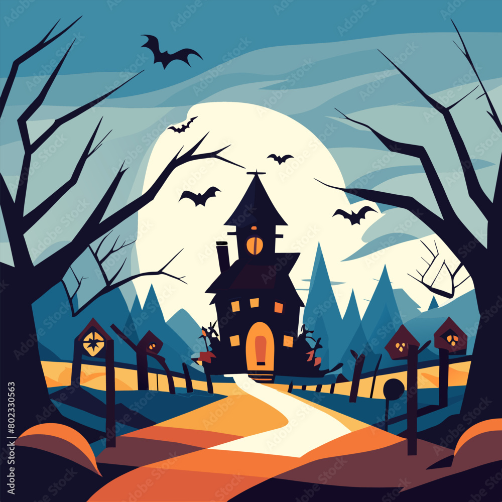 spooky, halloween landscape background, vector illustration flat 2