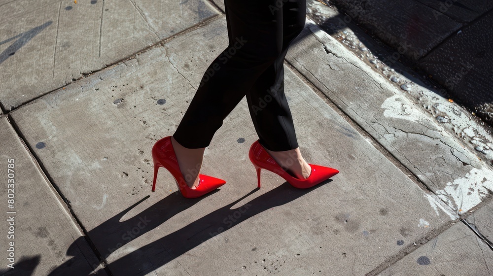 A woman is walking in black pants and red high heels. A woman is walking in black pants and red high heels.