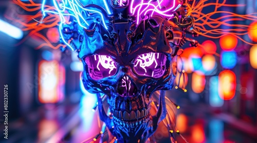 Skull head Modern cyber technology cyberpunk cyborg with neon wires wallpaper AI generated image #802330726