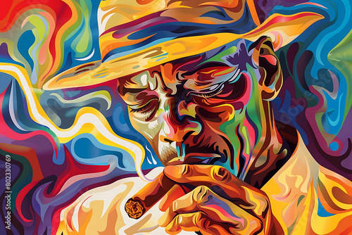 Vibrant and colorful abstract illustration of a man smoking a cigar photo