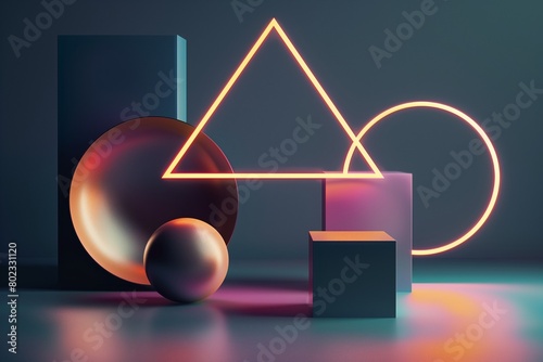 AI generated illustration of abstract geometric shapes and neon lights