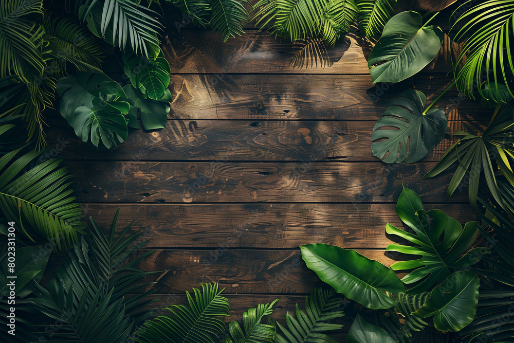 wooden backdrop with tropical leaves wooden backdrop with tropical leaves