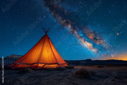 Tent in the desert with starry sky and milky way