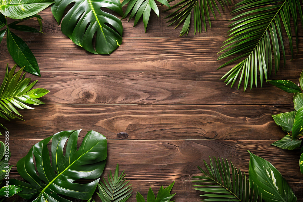 Top-down view of tropical plants on a wooden surface Top-down view of tropical plants on a wooden surface