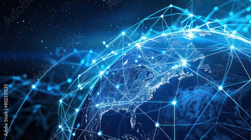 A digital composite of the Earth surrounded by a network of glowing blue lines and dots, representing the internet and global communication.