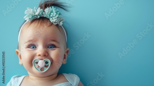 Cute baby with pacifier teether in mouth with plain background photo