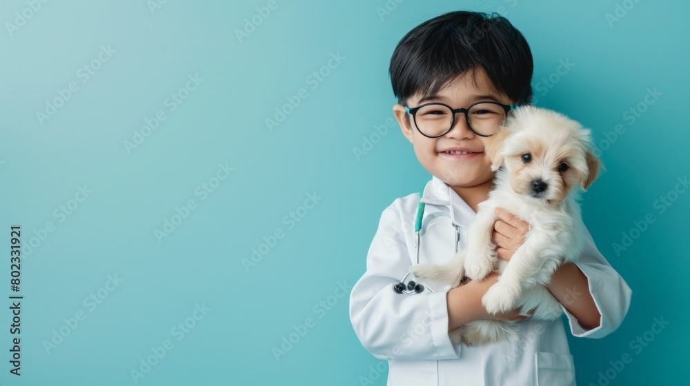 A little child wearing doctor coat with eyeglasses holding a cute puppy dog with plain background. A little child wearing doctor coat with eyeglasses holding a cute puppy dog with plain background.