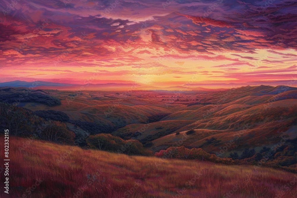 A breathtaking sunset over rolling hills, painting the sky in hues of orange, pink, and purple, as wildlife roams freely in the fading light. --ar 3:2 Job ID: 0afad487-cee4-4004-967e-d9d8ef2084cb