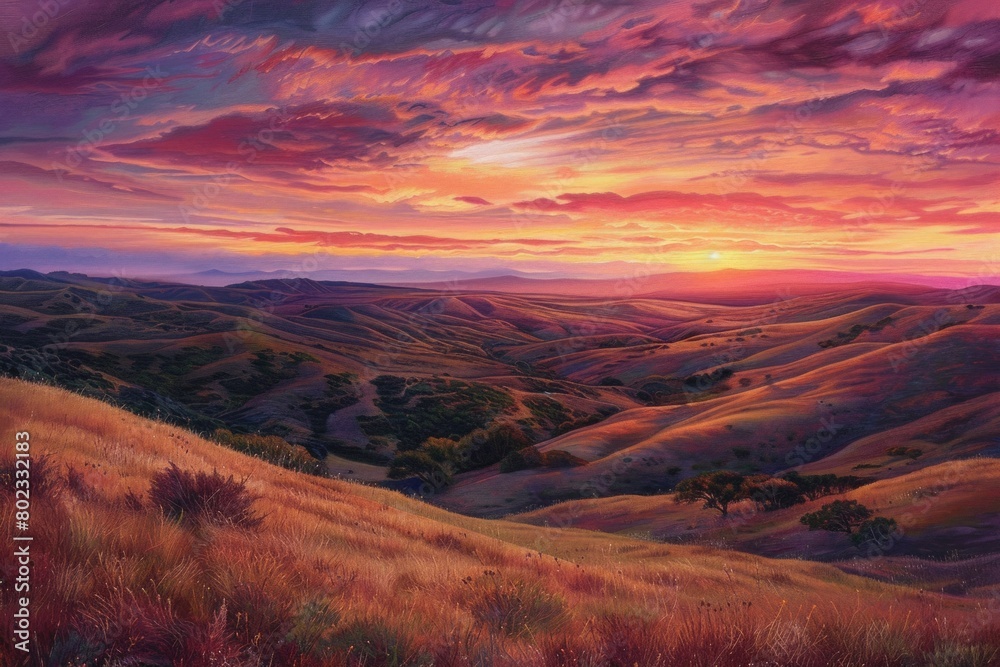 Fototapeta premium A breathtaking sunset over rolling hills, painting the sky in hues of orange, pink, and purple, as wildlife roams freely in the fading light. --ar 3:2 Job ID: a6b0879e-dffd-4575-bc85-e3d732617a2f