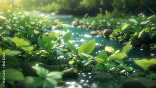  green lily pads floating on the water and the sun is shining