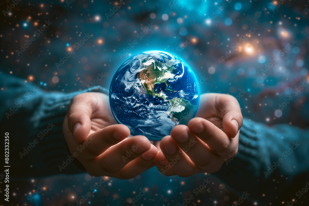 A man holds a globe in his hands. The earth is surrounded by a blue and purple background with stars and a galaxy. A man holds a globe in his hands. The earth is surrounded by a blue and purple background with stars and a galaxy.