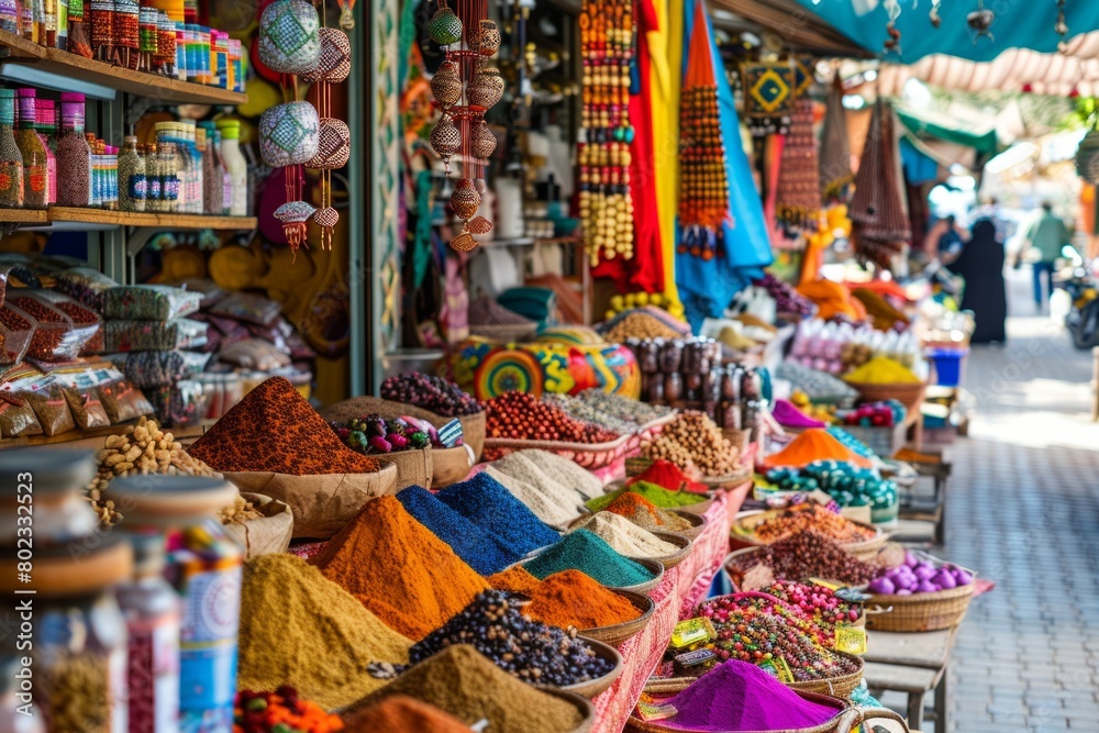 A festive Eid al-Adha bazaar with stalls selling spices, sweets, and colorful fabrics, with a focus on the vibrant cultural atmosphere --ar 3:2 Job ID: 04732c7e-fa9c-4f0c-b735-a1a21f188f3b