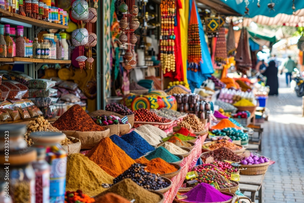 Fototapeta premium A festive Eid al-Adha bazaar with stalls selling spices, sweets, and colorful fabrics, with a focus on the vibrant cultural atmosphere --ar 3:2 Job ID: 04732c7e-fa9c-4f0c-b735-a1a21f188f3b