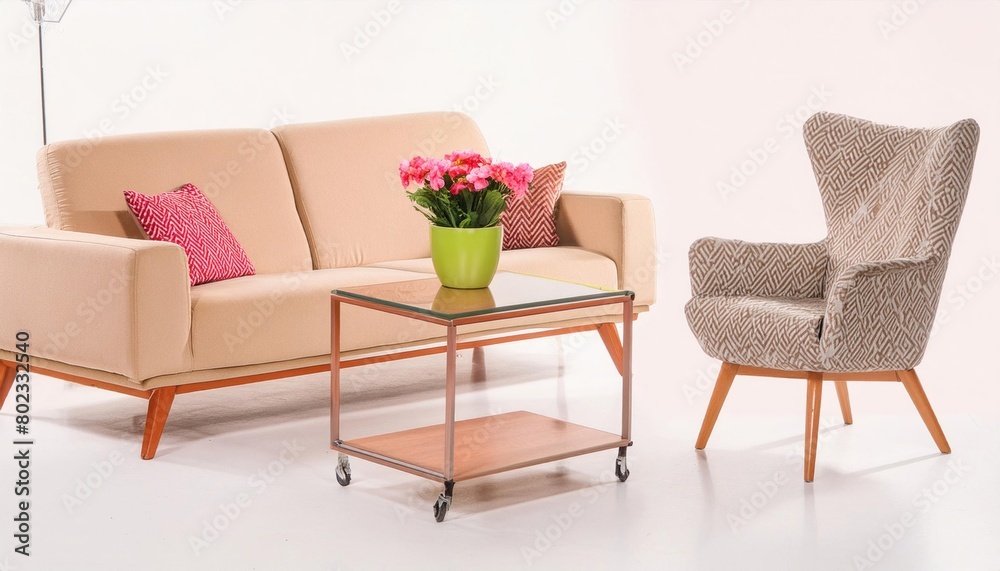 Fototapeta Modern living room furniture isolated on white background. Sofa, chair, table, lamp, decor, design, interior, contemporary, minimalist, elegant, cozy