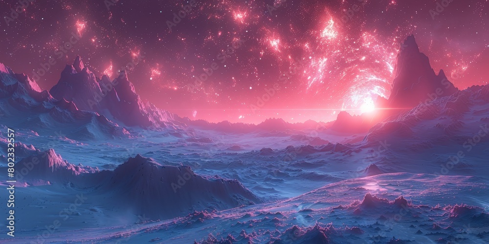 A beautiful landscape of a distant planet with a pink sky and blue mountains. A beautiful landscape of a distant planet with a pink sky and blue mountains.