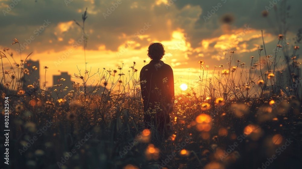 A boy standing in a field of flowers at sunset.