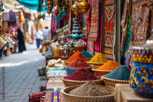 A festive Eid al-Adha bazaar with stalls selling spices, sweets, and colorful fabrics, with a focus on the vibrant cultural atmosphere --ar 3:2 Job ID: 132cfd05-1f90-4695-afc3-00d771bbb894 © Preb Creations