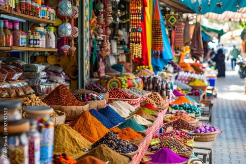 A festive Eid al-Adha bazaar with stalls selling spices, sweets, and colorful fabrics, with a focus on the vibrant cultural atmosphere --ar 3:2 Job ID: 04732c7e-fa9c-4f0c-b735-a1a21f188f3b