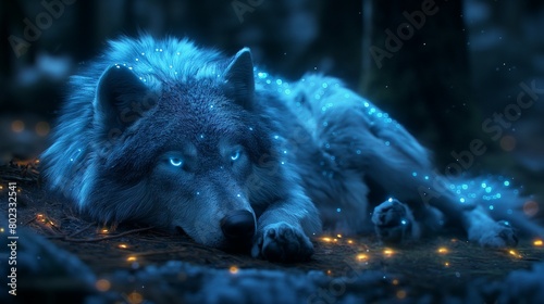 blue wolf with blue glowing eyes lying on the ground in the magical forest at night. 