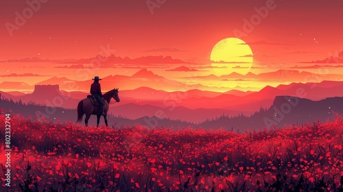 A cowboy rides into the sunset on a red horse.