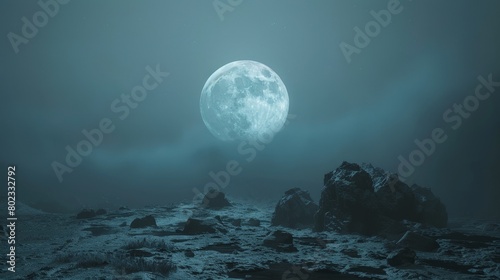 A full moon rises over a rocky landscape.