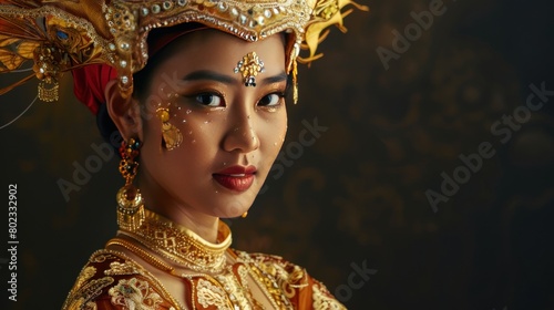 Woman Beautiful model with regional cultural make-up and gold ornaments on her head AI generated image