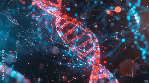 A glowing red double helix representing DNA on a dark blue background. photo