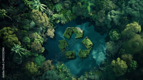 A recycling symbol made of a lake in a lush green forest.