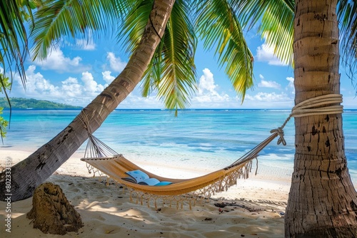 A hammock tied between two palm trees on a secluded beach  with a book and sunglasses  embodying the perfect summer relaxation --ar 3 2 Job ID  12fb9035-d5e5-4897-a11a-002bc4188987