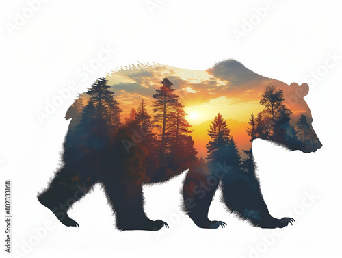 Bear creative art illustration. Silhouette of a bear with a forest and sunset сoncept poster. Digital artistic raster bitmap illustration. AI artwork.	
