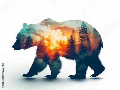 Bear creative art illustration. Silhouette of a bear with a forest and sunset сoncept poster. Digital artistic raster bitmap illustration. AI artwork.	