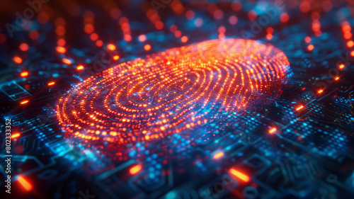 A digital display reveals the biometric scan of a thumbprint, surrounded by symbols of cybersecurity, evoking the mystery and security of the online realm