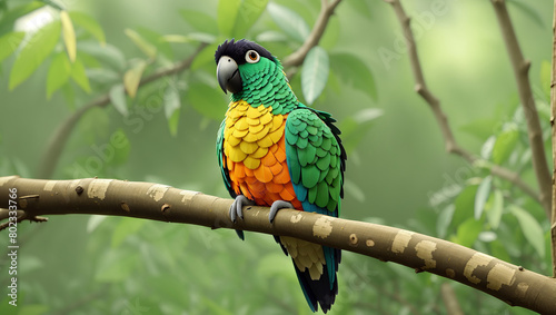 A bright green parrot with blue and yellow feathers © Mickal