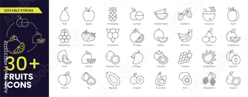 Fruits Stroke icon collections. Containing apple, banana, strawberry, orange, watermelon, coconut, avocado and lemon icons. Stroke icon collection Outline icon