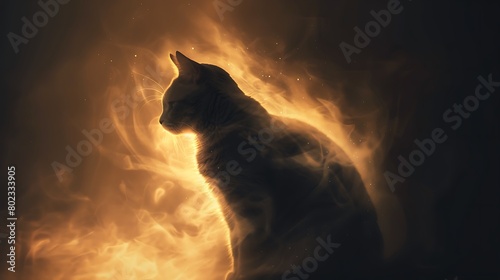 An image of a cat surrounded by a soft  glowing aura under dim light
