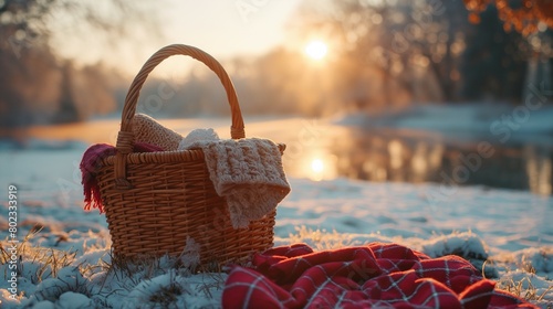 woven basket with woollen blanket on the winter snow near the river on a sunny morning.  photo