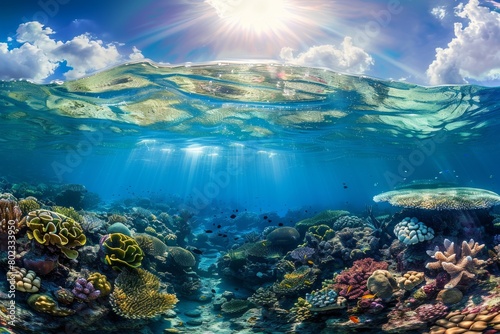 A panoramic view of a vibrant coral reef teeming with diverse marine life, showcasing the underwater biodiversity © Preb Creations