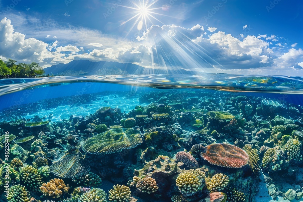 Naklejka premium A panoramic view of a vibrant coral reef teeming with diverse marine life, showcasing the underwater biodiversity