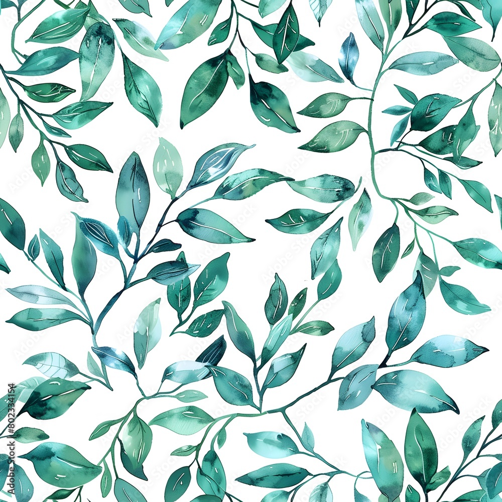 watercolor, blue green leaves and vines pattern on white background, seamless patterns watercolor, blue green leaves and vines pattern on white background, seamless patterns
